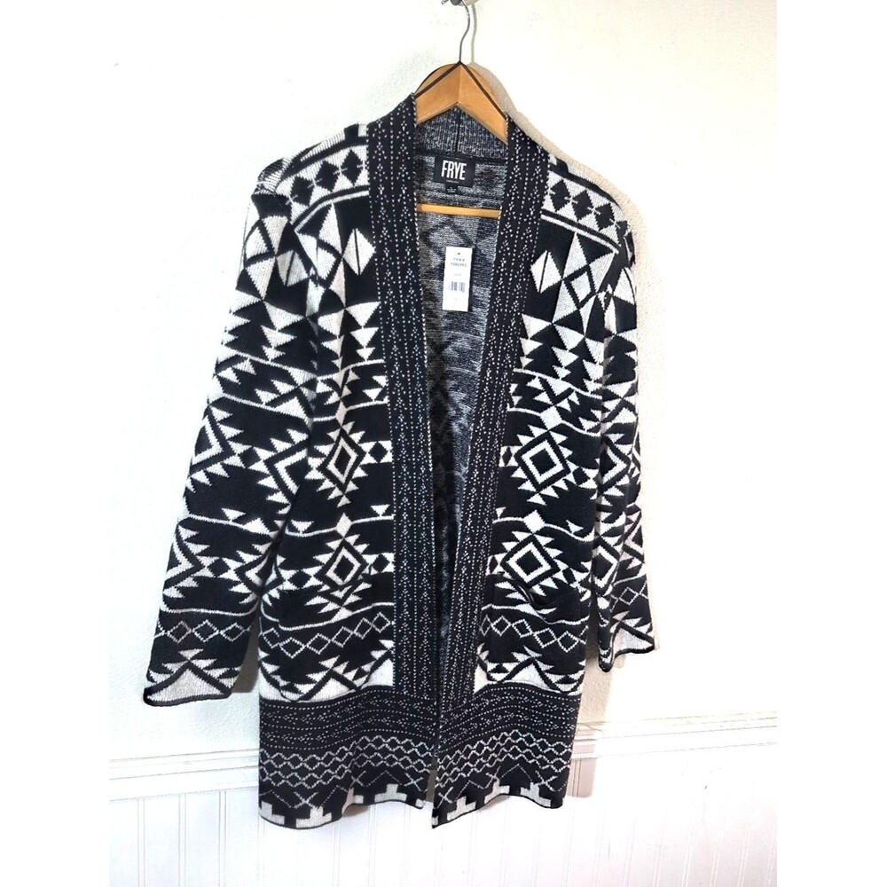 Frye Womens NWT Black White Aztec Cardigan Sweater Open Front Knit Size Large - Picture 2 of 13